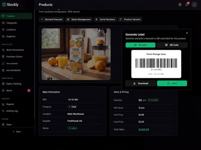 May include: A product management interface displays a carton of "Fresh Orange Juice" with oranges and a glass of juice. A barcode label is generated for the product. The interface shows product details, including SKU, category, and quantity.