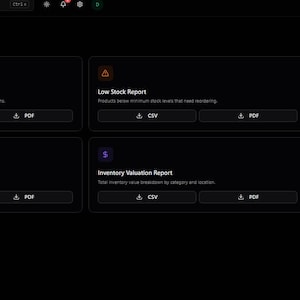 May include: A dark-themed user interface displaying a "Reports" dashboard. The interface features several report options, including "Stock Level Report," "Low Stock Report," and "Expiry Report." Each report option has CSV and PDF download buttons.