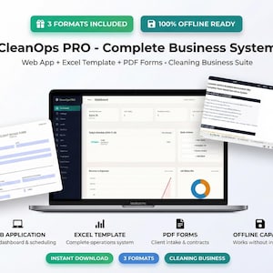 May include: A laptop screen shows the CleanOps PRO business system, with a web app, Excel template, and PDF forms. The image highlights features like a dashboard, client intake form, and offline capability. Text includes "3 Formats Included" and "Cleaning Business".