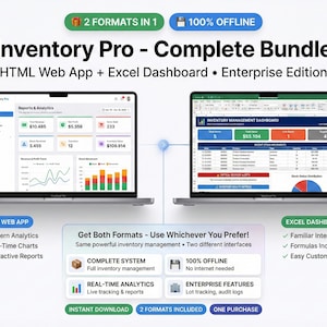 May include: Two laptops showcasing inventory management software. One displays a web app interface with charts and data, the other an Excel dashboard. Text reads "Inventory Pro - Complete Bundle" with features like real-time analytics and offline access.