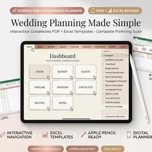 Op de afbeelding: Een digitale huwelijksplanner op een tablet met een stylus. Het dashboard van de planner bevat secties voor visie, budget en gasten. Excel-sjablonen en interactieve navigatie zijn belangrijke functies.