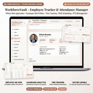 Op de afbeelding: Een MacBook Pro toont de WorkforceVault Employee Tracker & Attendance Manager software. De interface toont profielen van werknemers, tijdregistratie en roosters. De software is een offline webapplicatie.