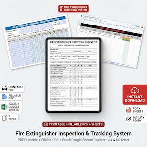May include: A fire extinguisher inspection and tracking system with printable and fillable PDF forms, Excel and Google Sheets, and two sizes. The image shows a checklist, register, and instant download options.