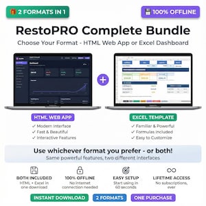 以下が含まれることがあります： 画像は「RestoPRO Complete Bundle」を紹介しており、HTML Web AppとExcel Dashboardの形式を提供しています。HTMLバージョンはモダンなインターフェースを備え、Excelテンプレートには数式が含まれています。このバンドルは、簡単なセットアップ、オフラインアクセス、および生涯アクセスを約束します。