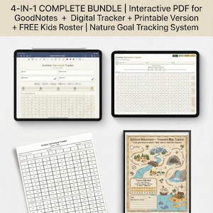 Rastreador de 1000 horas al aire libre / Desafío gamificado al aire libre / Planificador interactivo en PDF + Póster con mapa del tesoro