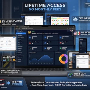 May include: A laptop, tablet, and smartphone display a construction safety management software interface. The software offers OSHA compliance, risk assessment, and bilingual support. The image includes the text "LIFETIME ACCESS NO MONTHLY FEES".