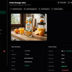 May include: A carton of "Fresh Orange Juice" sits next to a glass of juice and several oranges. The carton features oranges and the text "Fresh Orange Juice." The image is part of an e-commerce inventory management system.