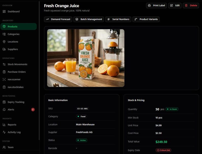 May include: A carton of "Fresh Orange Juice" sits next to a glass of juice and several oranges. The carton features oranges and the text "Fresh Orange Juice." The image is part of an e-commerce inventory management system.