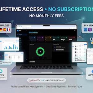 Könnte beinhalten: Ein Laptop zeigt eine Software-Oberfläche zur Flottenverwaltung mit Funktionen wie Flottenübersicht und Datenanalyse. Das Bild bewirbt "Lebenslanger Zugang", "Kein Abonnement" und "Keine monatlichen Gebühren". Weitere Funktionen sind "14+ Module", "Dark/Light Mode" und "Multi-Currency".