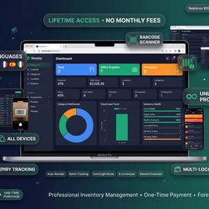 Può includere: Un laptop mostra la dashboard di Stockly Pro, mostrando le funzioni di gestione dell'inventario. L'interfaccia include grafici, tabelle di dati e icone per cibo, forniture per ufficio ed elettronica. Vengono visualizzati anche dispositivi aggiuntivi.
