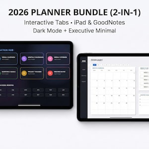 Puede incluir: Dos tabletas negras que muestran un paquete de planificador 2026. Una tableta muestra un centro de navegación con pestañas interactivas, y la otra muestra un calendario de febrero. El texto de la imagen dice "2026 Planner Bundle (2-en-1)" y "Interactive Tabs iPad & GoodNotes".