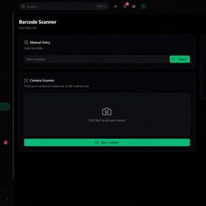 May include: Screenshot of the Stockly app interface, featuring a barcode scanner function. The screen is dark with green accents, including a 'Search' button and a 'Start Scanner' button. The interface includes options for manual entry and camera scanning.