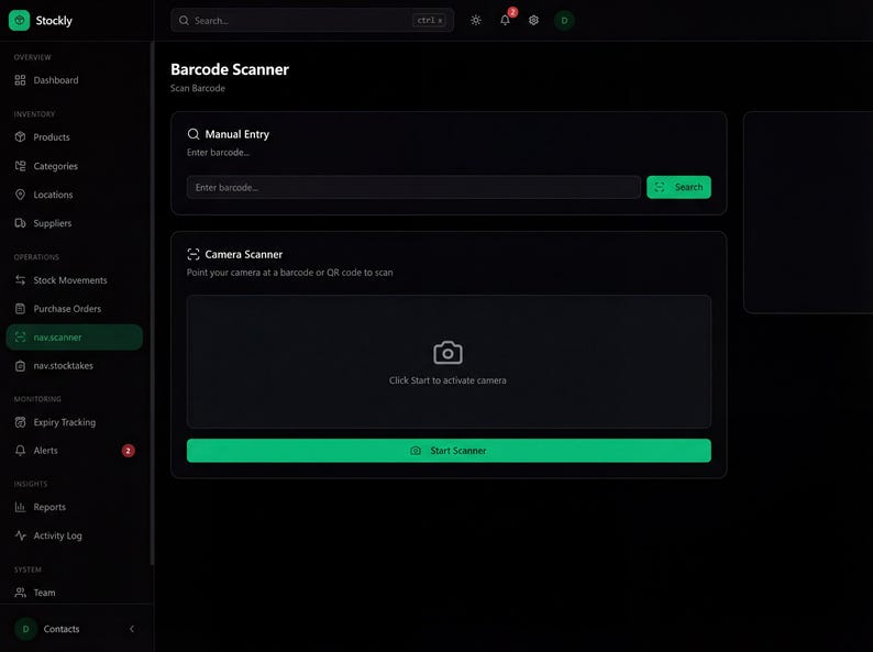 May include: Screenshot of the Stockly app interface, featuring a barcode scanner function. The screen is dark with green accents, including a 'Search' button and a 'Start Scanner' button. The interface includes options for manual entry and camera scanning.