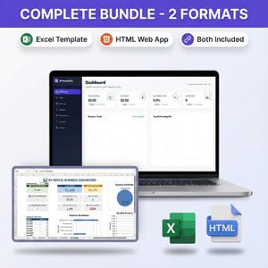 Könnte beinhalten: Bild eines Laptops und Tablets, die eine Dashboard-Oberfläche anzeigen, mit dem Text "COMPLETE BUNDLE - 2 FORMATS". Enthält Symbole für Excel Template, HTML Web App und "Both Included". Das Tablet zeigt ein RV Rental Business Dashboard.