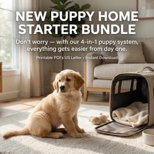 May include: A golden retriever puppy sits on a rug next to a pet carrier, a water bowl, and a stuffed toy. The image includes the text "NEW PUPPY HOME STARTER BUNDLE" and "Don't worry - with our 4-in-1 puppy system, everything gets easier from day one."