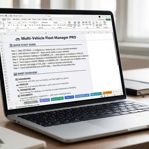 May include: A laptop displaying the "Multi-Vehicle Fleet Manager PRO" software interface. The screen shows a quick start guide and various menu options. A pen, notebook, and mouse are on the wooden desk.