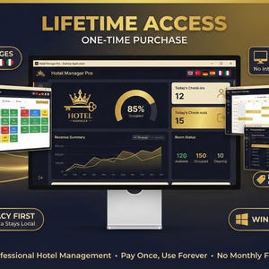 Op de afbeelding: Een computermonitor toont de interface van de Hotel Manager Pro-software. Het scherm toont kamermanagement, omzetoverzichten en check-in/check-out-gegevens. Tekst bevat "Levenslange toegang" en "Eenmalige aankoop."
