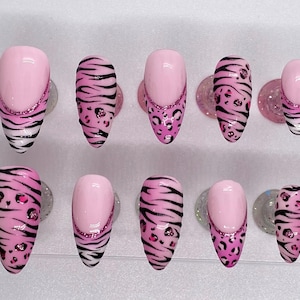 Press on Nails Pink Zebra and Cheetah Print Y2K style | Leopard print Nails | Zebra Print Nails | pink gyaru mcbling 90s 00s nails