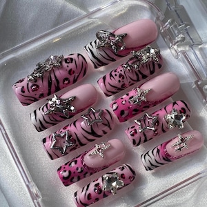 Press on Nails Pink Zebra and Cheetah Print Y2K style | Leopard print Nails | Zebra Print Nails | Long Nails | Birthday nails | gift for her