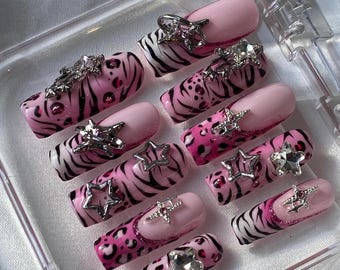 Y2K Pink Press On Nails: Guary Zebra Leopard Print, Star Charms