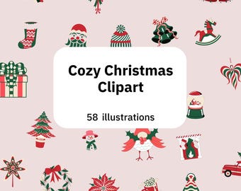 Cozy Christmas Clipart Bundle, 58 SVG PNG Holiday Illustrations for Stickers and Cards
