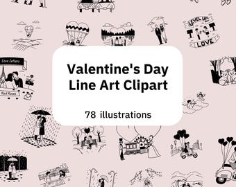 78 Valentine's Day Line Art Clipart SVG Bundle | valentines svg | valentine clipart | Cricut Silhouette Cut Files | PNG