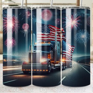 Patriotic Fireworks Truck Tumbler Wraps, 20oz Skinny Tumbler PNG, Commercial Use Digital Download, Independence Day Tumbler Wrap