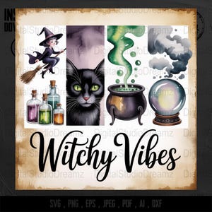 Witchy Vibes Digital Download, PNG, Sublimation Design, Witch Clipart, Black Cat, Cauldron Potion, Halloween Digital Art