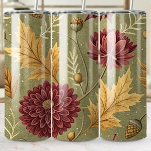 Autumn Floral Skinny Tumbler Wraps, Fall Leaves Design Tumbler, 20oz Tumbler Sublimation PNG, Digital Download, Commercial Use