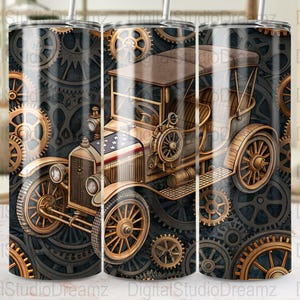Envoltura para vaso de coche antiguo, vaso delgado de 20 oz PNG, diseño de engranajes Steampunk, descarga digital para uso comercial, recto y cónico