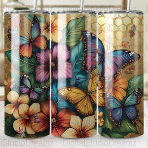 Butterfly Floral Skinny Tumbler Wraps, 20oz Tumbler Sublimation, Digital Download, Commercial Use, Colorful Butterfly Tumbler Designs
