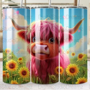 Cute Highland Cow with Sunflowers Tumbler Wraps, Digital Download, 20oz Skinny Tumbler Wraps, PNG, Commercial Use, Straight Tapered