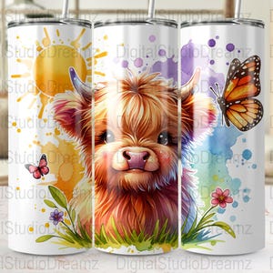 Cute Highland Cow and Butterfly 20oz Skinny Tumbler Wraps, Straight and Tapered, Sublimation Design, PNG Digital Download, Commercial Use