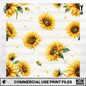 Watercolor Sunflower Digital Paper: Seamless Floral Pattern (PNG Download, 12x12-48x48