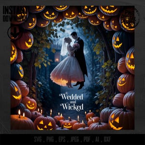 Puede incluir: Ilustración digital de una pareja abrazándose en un bosque, rodeada de calabazas talladas con caras brillantes. El texto "Wedded and Wicked" se muestra en una elegante escritura. Tema de Halloween.