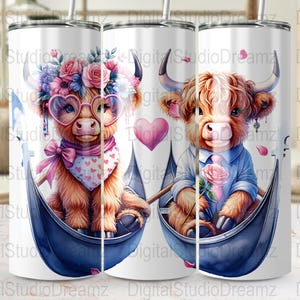 Highland Cow Tumbler Wraps, 20oz Skinny Tumbler Sublimation, Cute Cow PNG, Digital Download, Commercial Use, Cow with Flowers