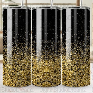Tumbler Wraps Glitter Nero e Oro, Design Tumbler Skinny da 20oz, Download Digitale, File PNG Dritti e Conici, Glitter Ombre Art