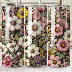 Floral Skinny Tumbler Wraps, 20oz Digital Download, Seamless Flower Patterns, Straight and Tapered, Commercial Use, PNG Files