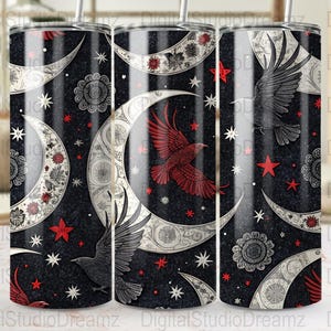 Gothic Crow and Moon Skinny Tumbler Wraps, Raven and Crescent Moon Tumbler Designs, 20oz Tumbler Wraps Digital Download, Dark Raven Art