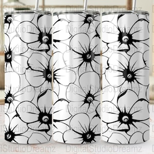 Gerade und konisch zulaufende PNG 20 Unzen Skinny Tumbler Wraps Schwarz und Weiß Floral kommerzielle Nutzung digitaler Download