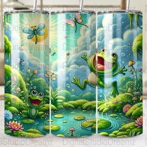 Straight Tapered PNG 20oz Skinny Tumbler Wraps Commercial Use, Frog Dragonfly Design Nature Scene Cartoon Illustration
