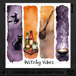 Witchy Vibes PNG Brush Stroke, Halloween Watercolor Clipart, Witch Cat Cauldron Crystal Ball Art, Digital Download
