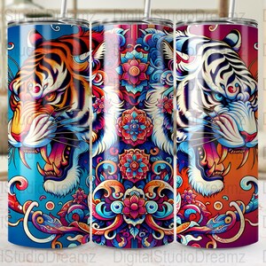 Vibrant Tiger Design Tumbler Wraps, 20oz Skinny Tumbler Digital Download, Commercial Use, Sublimation PNG, Straight Tapered Option