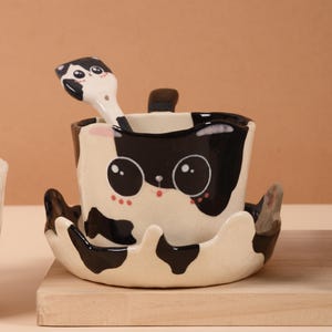 Handmade Ceramic Cat Coffee Cup Set |ceramic Mug, Spoon & Saucer | Cute Animal Pottery Gift | Cat Lover Tea Set | Kawaii Coffee Cup Set