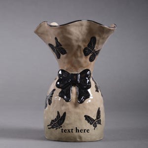 Custom Terracotta Butterfly Vase | Handmade Brown Ceramic Flower Vase with Bow | Personalized Pottery Decor | Rustic Clay Gift for Her