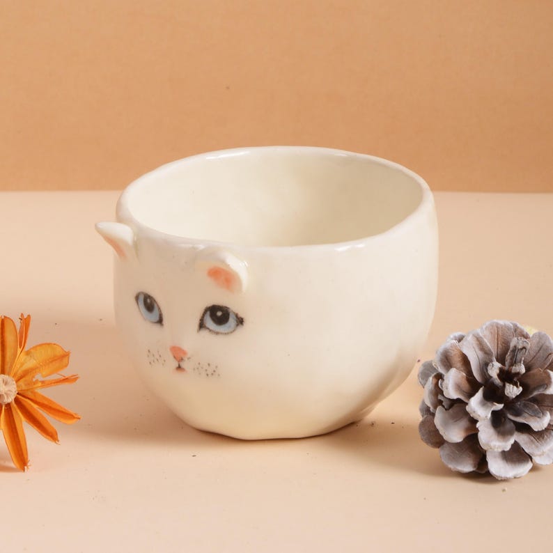 Puede incluir: Un cuenco de cer&aacute;mica color crema con forma de gato, con ojos azules, nariz rosa y orejas peque&ntilde;as. El cuenco tiene forma redondeada y es adecuado para plantas peque&ntilde;as o como objeto decorativo. Una pi&ntilde;a y una flor seca est&aacute;n junto al cuenco.