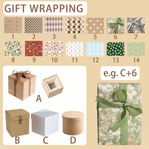 Puede incluir: Imagen que muestra varias opciones de envoltorio de regalo. Incluye papeles estampados con lunares, chevrones y dise&ntilde;os florales. Tambi&eacute;n presenta cajas de madera y cart&oacute;n, y un regalo envuelto con una cinta verde. El texto dice "GIFT WRAPPING".