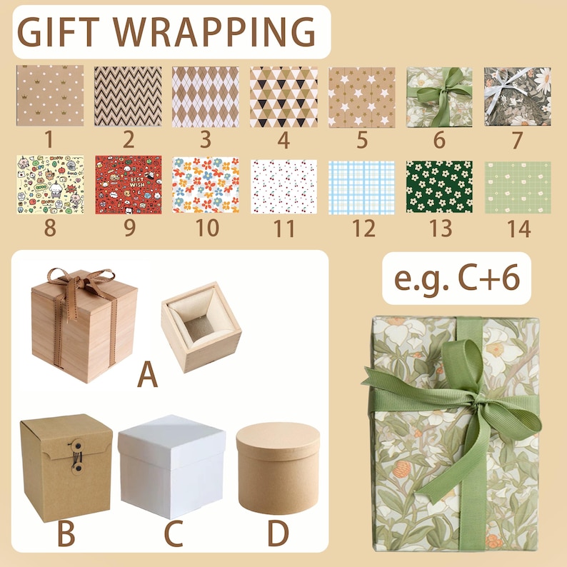 Puede incluir: Imagen que muestra varias opciones de envoltorio de regalo. Incluye papeles estampados con lunares, chevrones y dise&ntilde;os florales. Tambi&eacute;n presenta cajas de madera y cart&oacute;n, y un regalo envuelto con una cinta verde. El texto dice "GIFT WRAPPING".