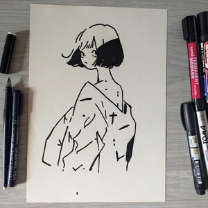 Ritratto di ragazza giapponese su carta, disegno in formato A4 con pennarello acrilico, regalo d'arte originale