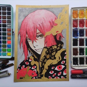Anime Acrylic Artwork – Watercolor Cartoon Portrait, Manga painting, A4 Fantasy Art